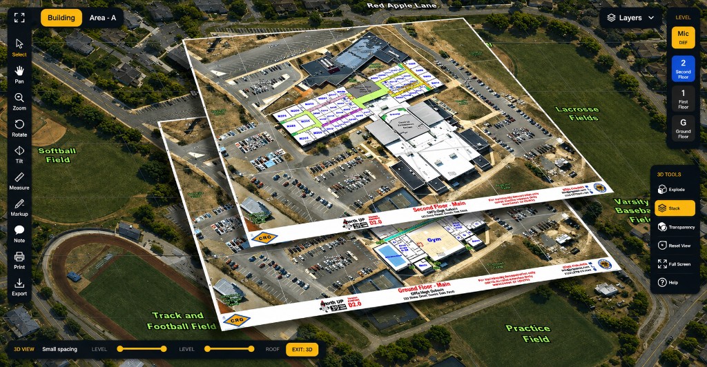 OPS 3D View showing stacked CRG floor layers over a campus
