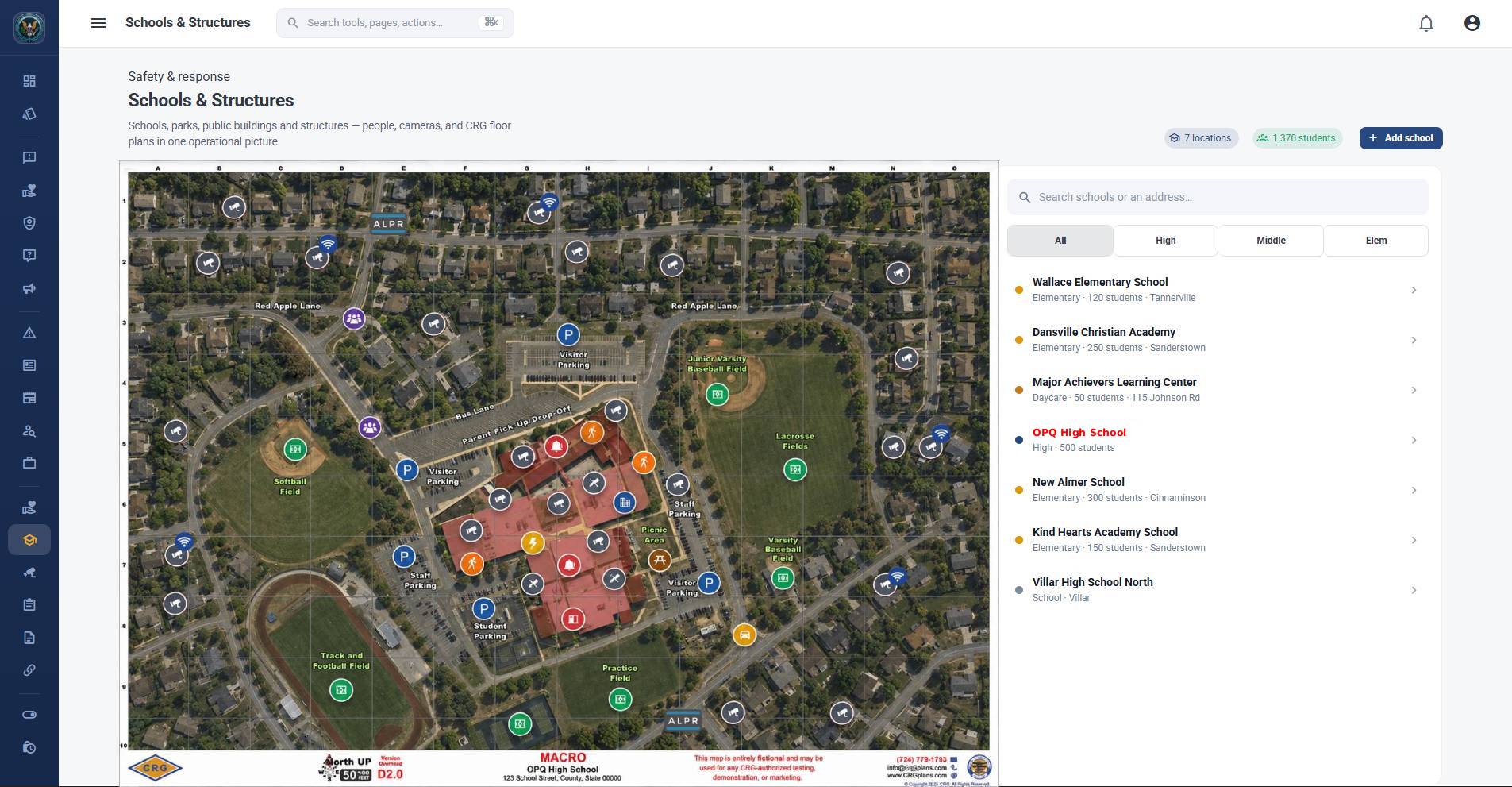 OPS Schools and Structures with a CRG MACRO campus map, cameras, ALPRs, and a school list